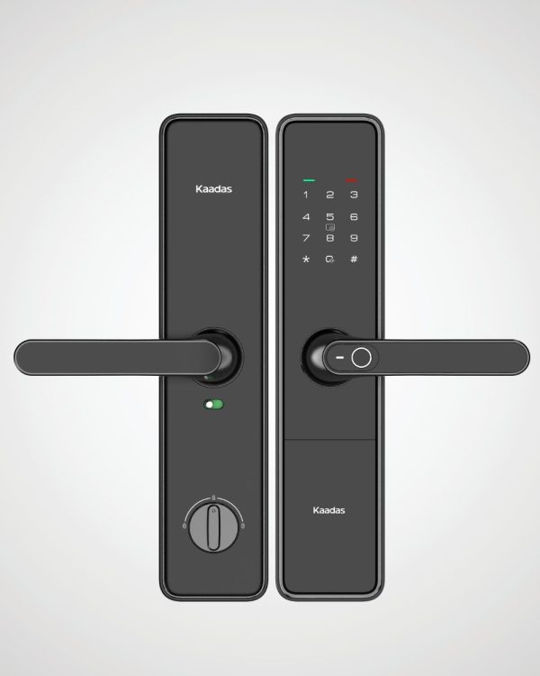 Kaadas S500 Wi-Fi smart lever lock with built-in doorbell, fingerprint, PIN, RFID card, app and mechanical key access.